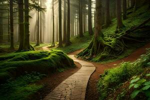 un camino mediante un bosque con arboles y musgo. generado por ai foto