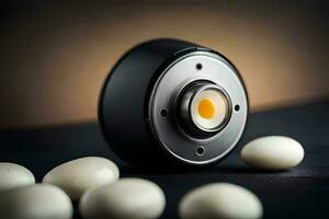 a black and silver object with an egg on top. AI-Generated photo