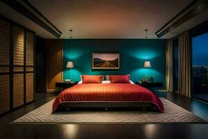 a bedroom with a red bed and blue walls. AI-Generated photo