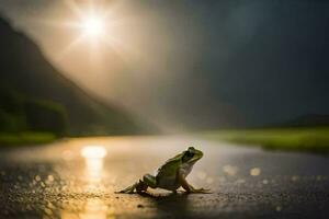 a frog sitting on the ground in the rain. AI-Generated photo