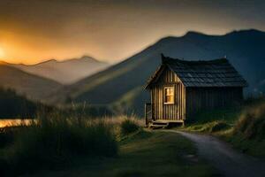 the sun rises over a small wooden hut in the mountains. AI-Generated photo