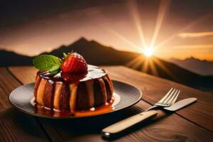 the dessert is on a plate with a fork and knife. AI-Generated photo