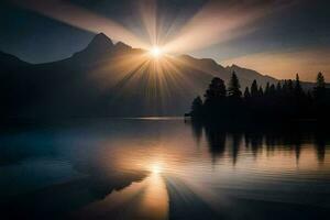 the sun shines over a mountain lake and trees. AI-Generated photo