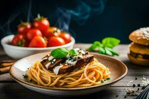 spaghetti with meat and tomatoes on a plate. AI-Generated photo