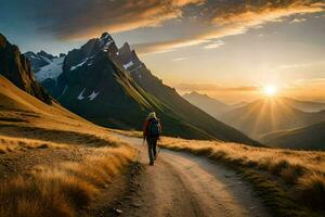 a person walking on a dirt road in the mountains. AI-Generated photo