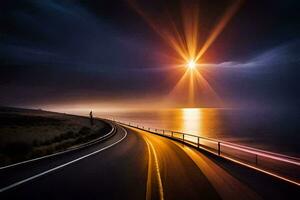 a long exposure photograph of a road with a bright light shining on it. AI-Generated photo