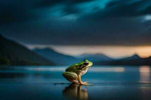 a frog sitting on the edge of a lake at sunset. AI-Generated photo