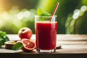 un vaso de rojo jugo con un Paja y Fresco fruta. generado por ai foto