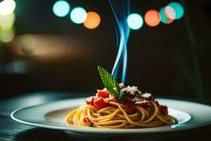 a plate of spaghetti with tomato and basil on a table. AI-Generated photo