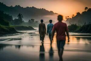 Tres personas caminando a lo largo el río a puesta de sol. generado por ai foto