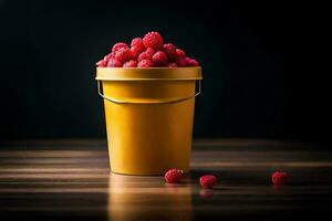 raspberries in a yellow bucket on a dark table. AI-Generated photo