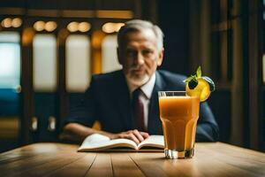 a man in a suit sits at a table with a drink and an open book. AI-Generated photo