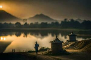 un hombre camina a lo largo el apuntalar de un lago a puesta de sol. generado por ai foto