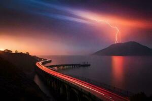 lightning strikes over a bridge and water. AI-Generated photo