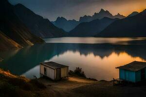 el lago es rodeado por montañas y el Dom es ajuste terminado el montañas. generado por ai foto