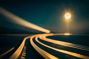 un tren pista a noche con el Luna en el antecedentes. generado por ai foto