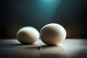three eggs on a wooden table. AI-Generated photo
