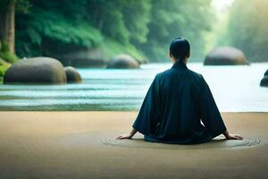 a woman in a kimono sitting on the ground near a river. AI-Generated photo