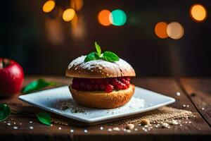 a small sandwich with berries and an apple on a plate. AI-Generated photo