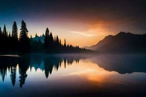 a beautiful sunrise over a lake with trees. AI-Generated photo