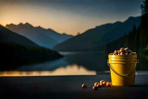 a bucket of nuts on the lake. AI-Generated photo