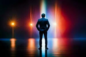 a man in a suit stands in front of a spotlight. AI-Generated photo
