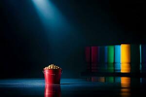 a red bucket with peanuts on a dark floor. AI-Generated photo