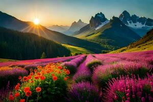 the sun rises over a lavender field in the mountains. AI-Generated photo