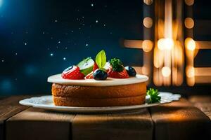 a cake with berries and cream on a wooden table. AI-Generated photo