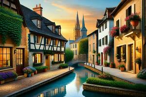 a painting of a canal in a european town. AI-Generated photo