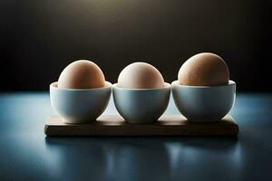 three eggs in white cups on a wooden tray. AI-Generated photo