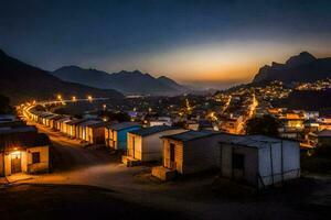 a view of a village at night with mountains in the background. AI-Generated photo