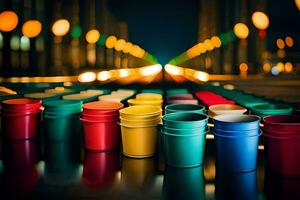 colorful cups lined up on a table at night. AI-Generated photo