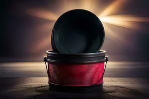 a black and red bucket with a lid on top. AI-Generated photo