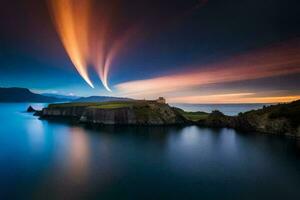 a long exposure photograph of a lighthouse and a mountain in the distance. AI-Generated photo