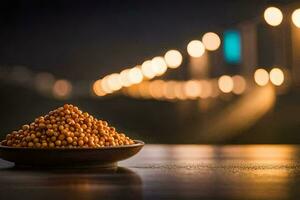 a bowl of mustard seeds on a table in front of a blurred background. AI-Generated photo