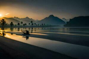 a man is sitting on a boat in the water at sunrise. AI-Generated photo