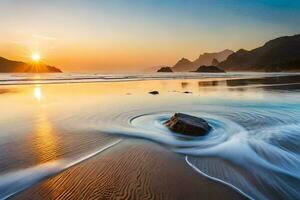 un puesta de sol en un playa con olas y rocas generado por ai foto