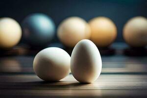 two eggs are sitting on a table. AI-Generated photo
