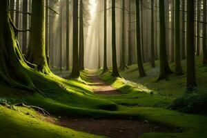 un camino mediante un bosque con arboles y musgo. generado por ai foto