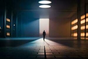 a man walks through an empty room with light coming from the door. AI-Generated photo