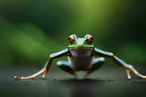 a frog is standing on its hind legs. AI-Generated photo