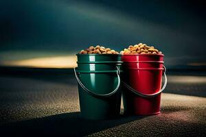 two buckets of peanuts sit on the ground. AI-Generated photo