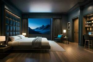 a modern bedroom with a view of mountains. AI-Generated photo