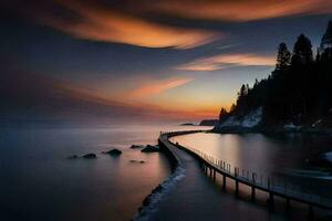 un muelle con un largo puente terminado el agua a puesta de sol. generado por ai foto