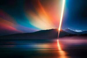 a rainbow light shines over a mountain and lake. AI-Generated photo