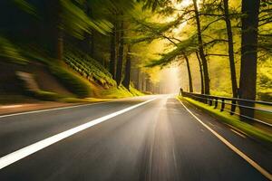 a blurry image of a road in the woods. AI-Generated photo