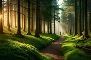 a path through a forest with trees and sun. AI-Generated photo