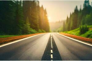 un largo vacío la carretera en el medio de un bosque. generado por ai foto