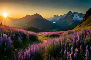 the sun rises over a mountain range with purple flowers. AI-Generated photo